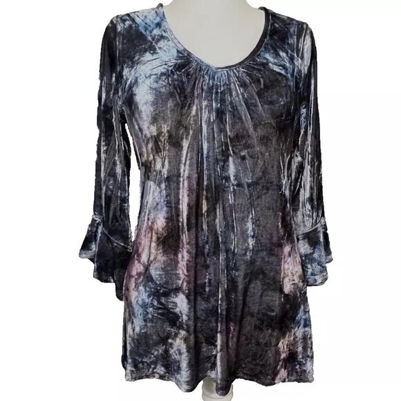 Live & Let Live Velvet Tunic Top Bell Slv Lace Blue Purple Flowy Gypsy Witchy M - Picture 1 of 9